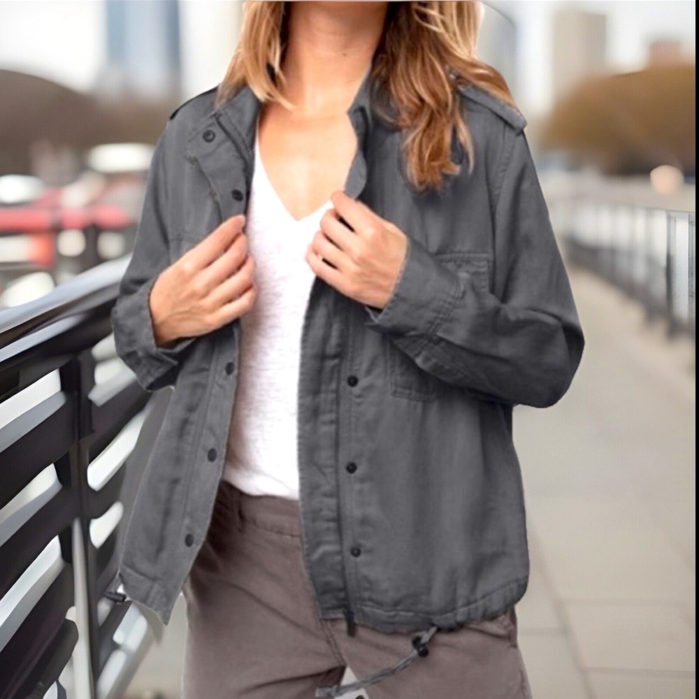 Military Jacket Zip & Snap Button Closure & Flip Snap Pockets Denim Cuff Rolls